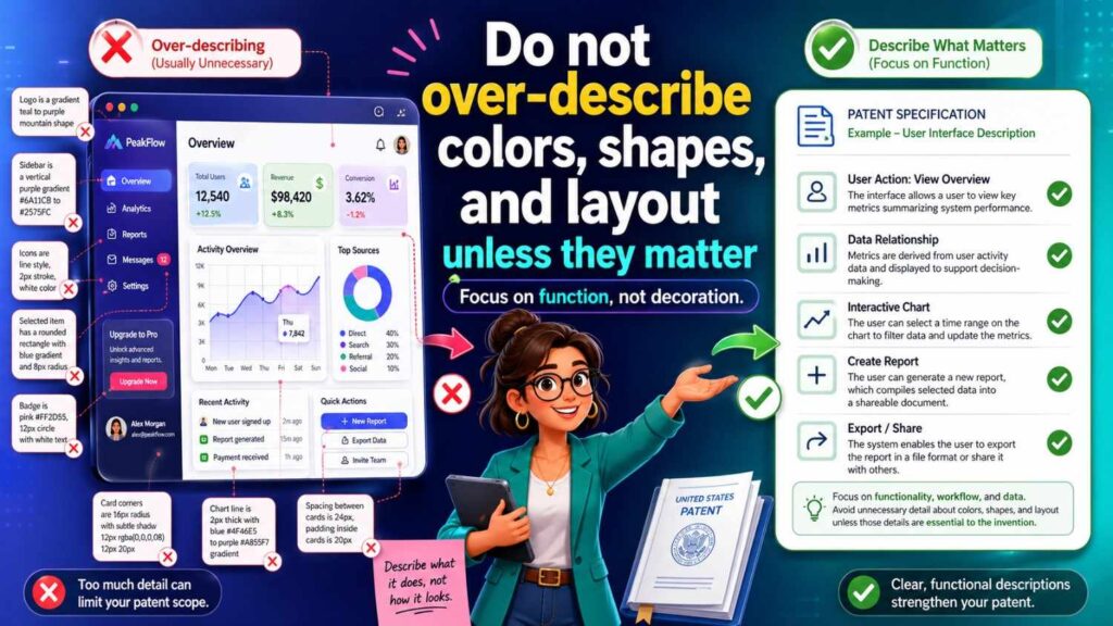 Most UI patents do not need detailed color and shape descriptions.