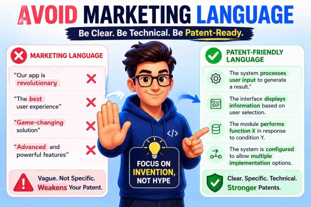 Marketing can live on your website. Patent specs should teach the invention.