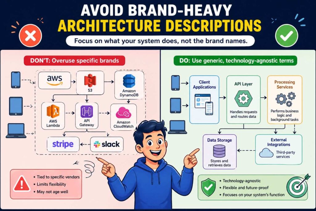A spec full of vendor names may age badly and narrow the filing.