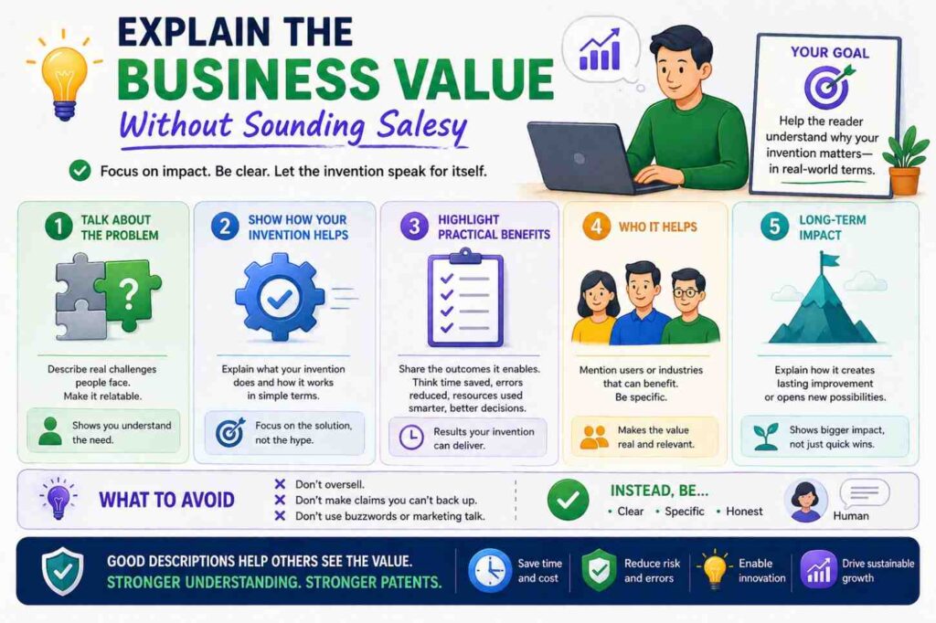 A patent spec should not be a sales pitch. But it can explain benefits.