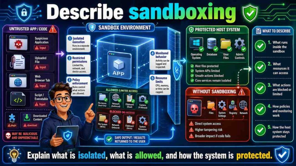 Sandboxing can be useful for code, documents, models, or plugins.