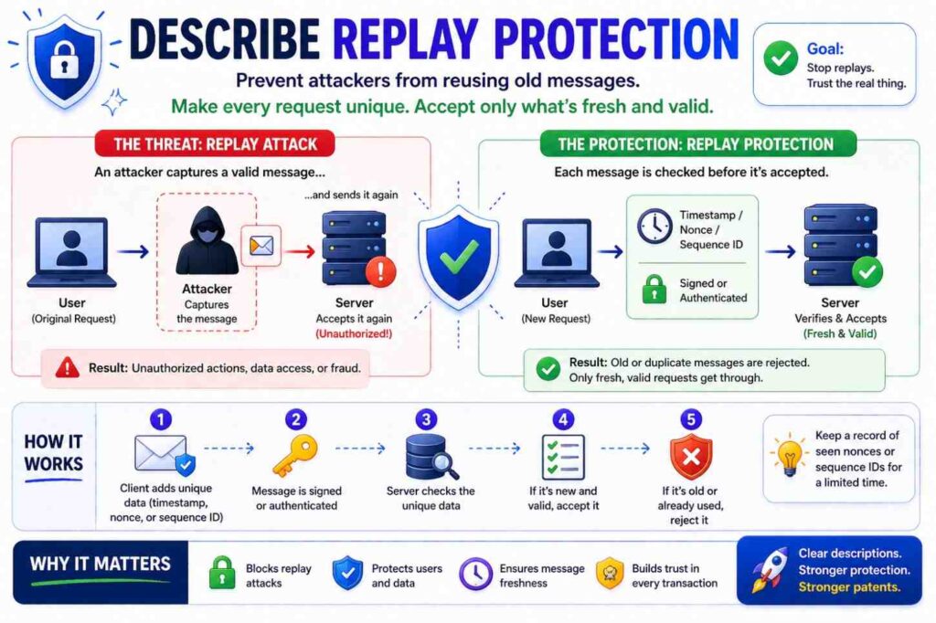 Replay attacks happen when an attacker copies a valid message and sends it again later.