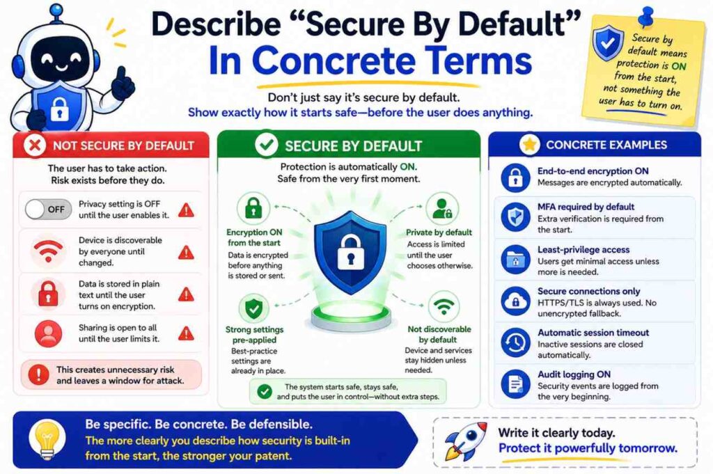 That is a nice product message. But in a patent spec, you need to explain the defaults.