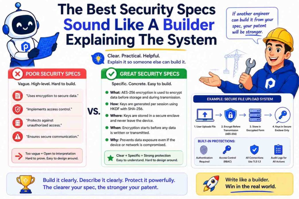 The best patent specs are not stuffed with jargon. They sound like a careful engineer explaining the system to another engineer.