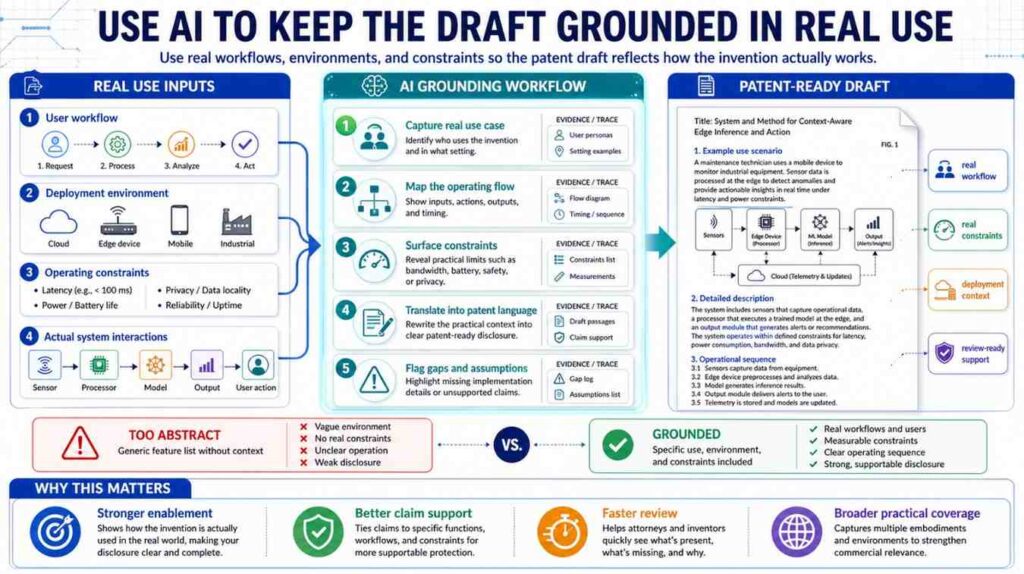 Patent descriptions benefit from real use cases.