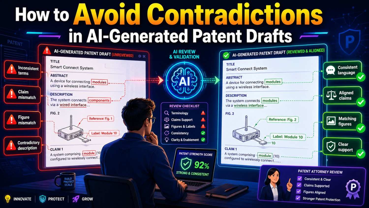 Learn how to avoid contradictions in AI-generated patent drafts by checking for inconsistencies, tightening language, and adding clear technical support.