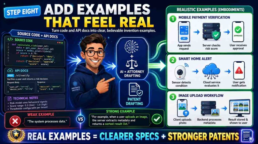 A patent spec with only abstract text feels weak. Real examples make it stronger and easier to understand.