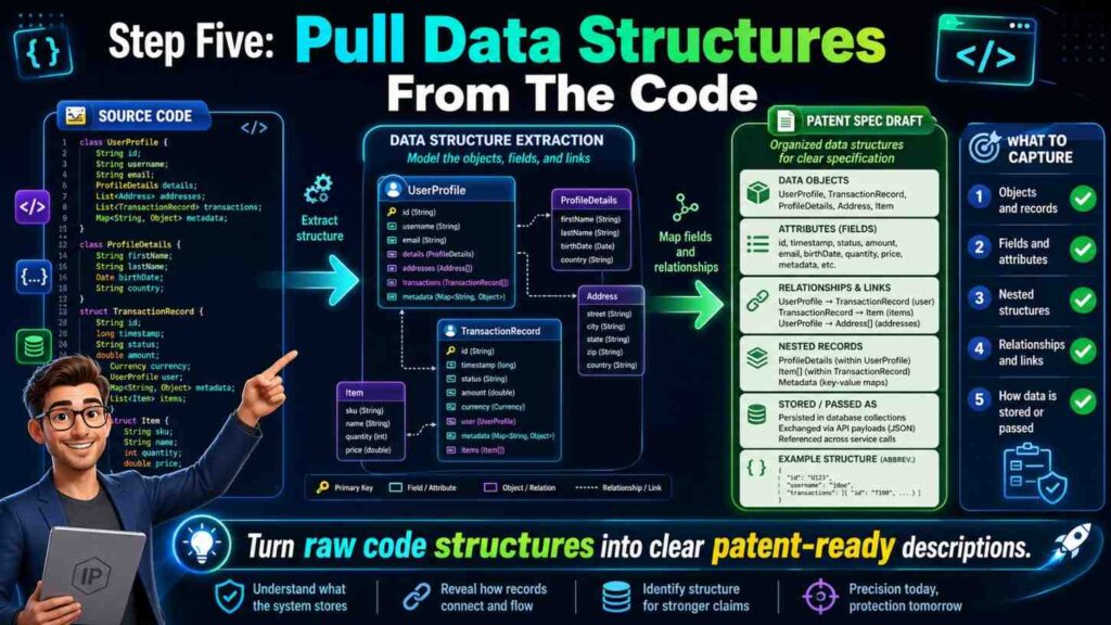 Data structures are often the skeleton of a software invention. They show what the system knows.
