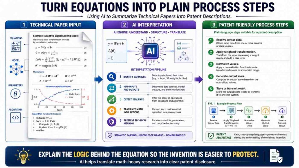 Patent descriptions can include equations, but they should not depend only on equations.