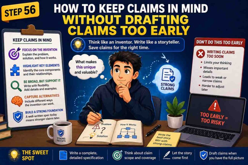 A claim usually needs clear steps or clear system parts. So the spec should describe those steps and parts.