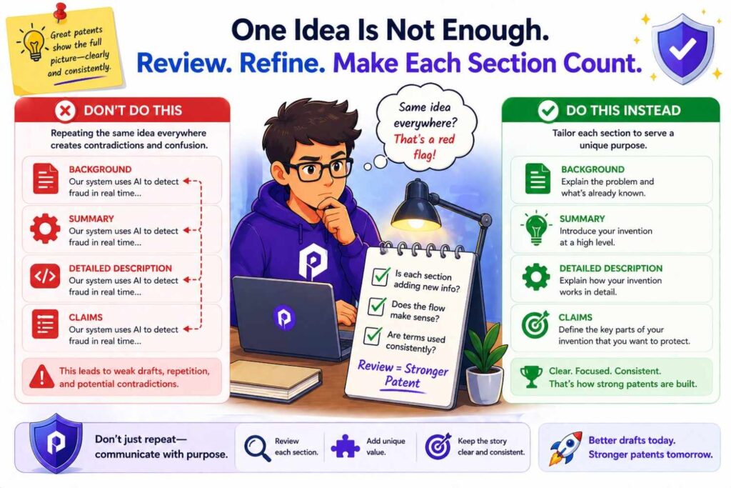 Repetition is normal in patent drafts. But repeated text must be checked.
