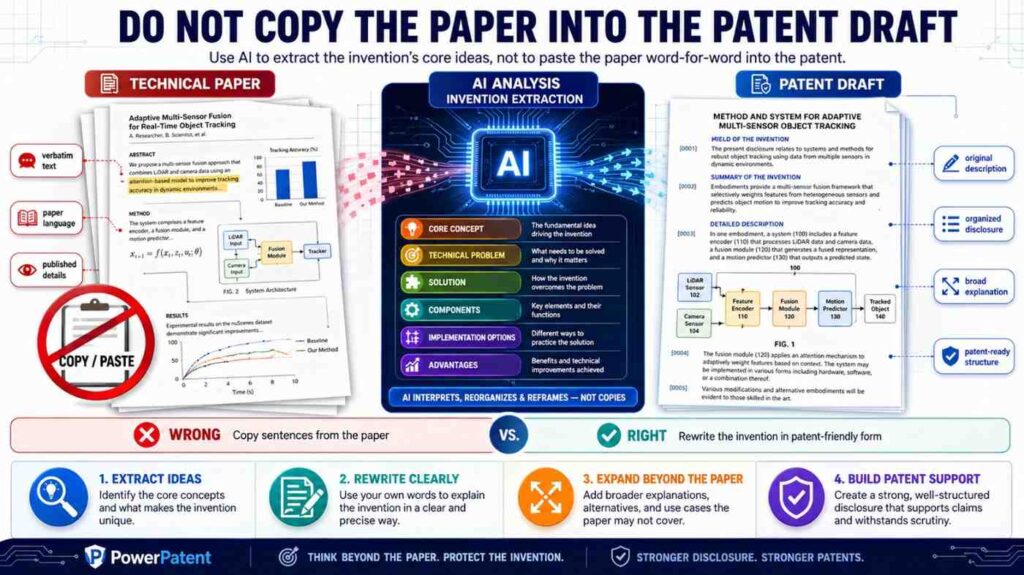 A patent description should not be a pasted version of a technical paper.