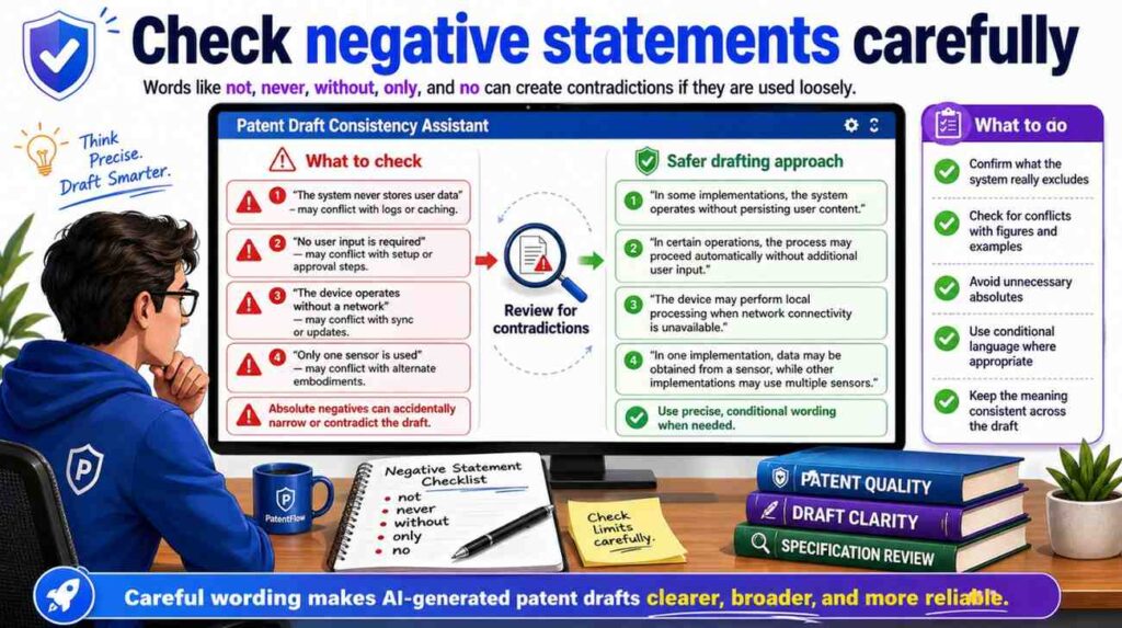 Negative statements say what the invention does not do.