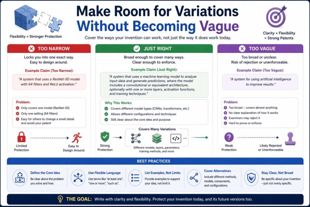 Founders often ask how to keep the patent broad while still saying something real.