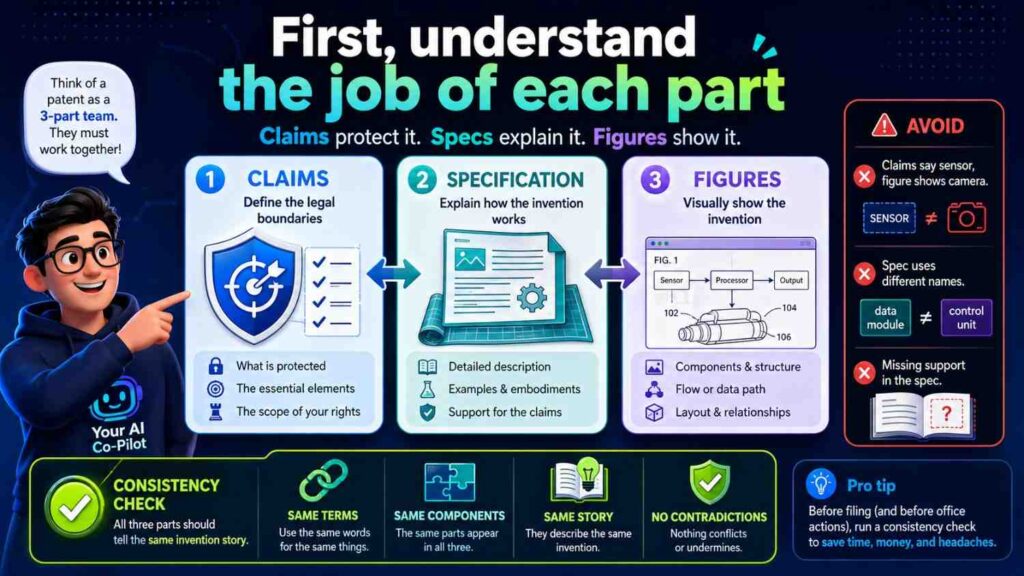 Before you can check claims, spec, and figures, you need to know what each one is supposed to do.