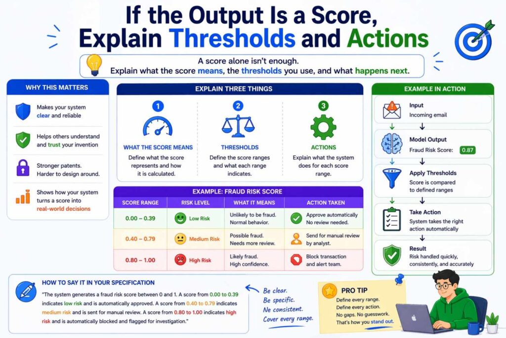 If your model outputs a score, the patent gets stronger when you explain how the score is interpreted.