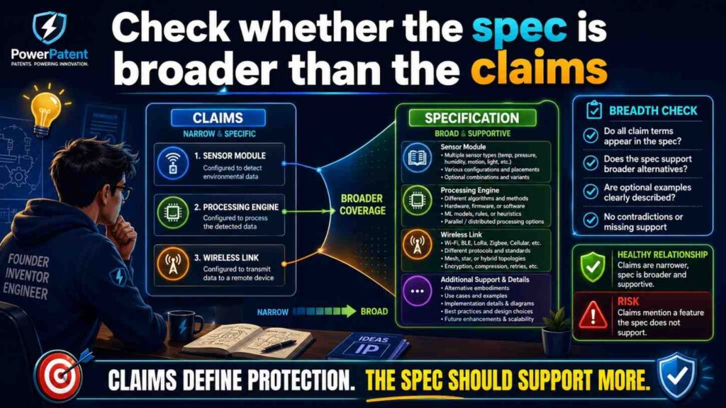 The spec may describe many valuable ideas, but the claims may cover only one small part.