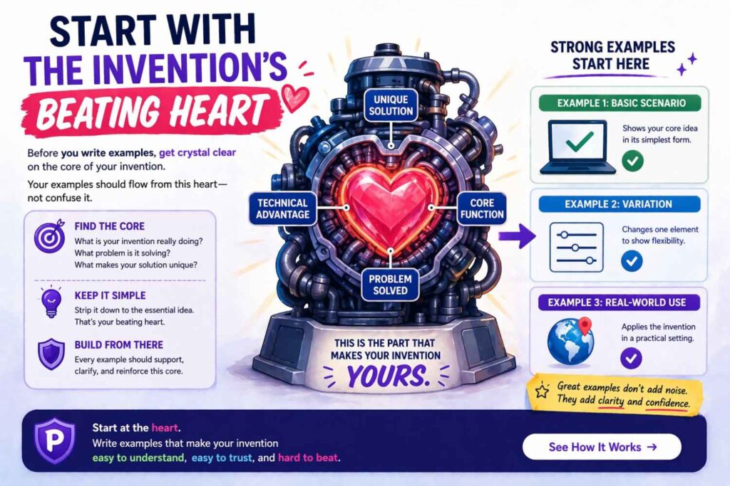 Before you write any example, you need to know the real center of your invention.