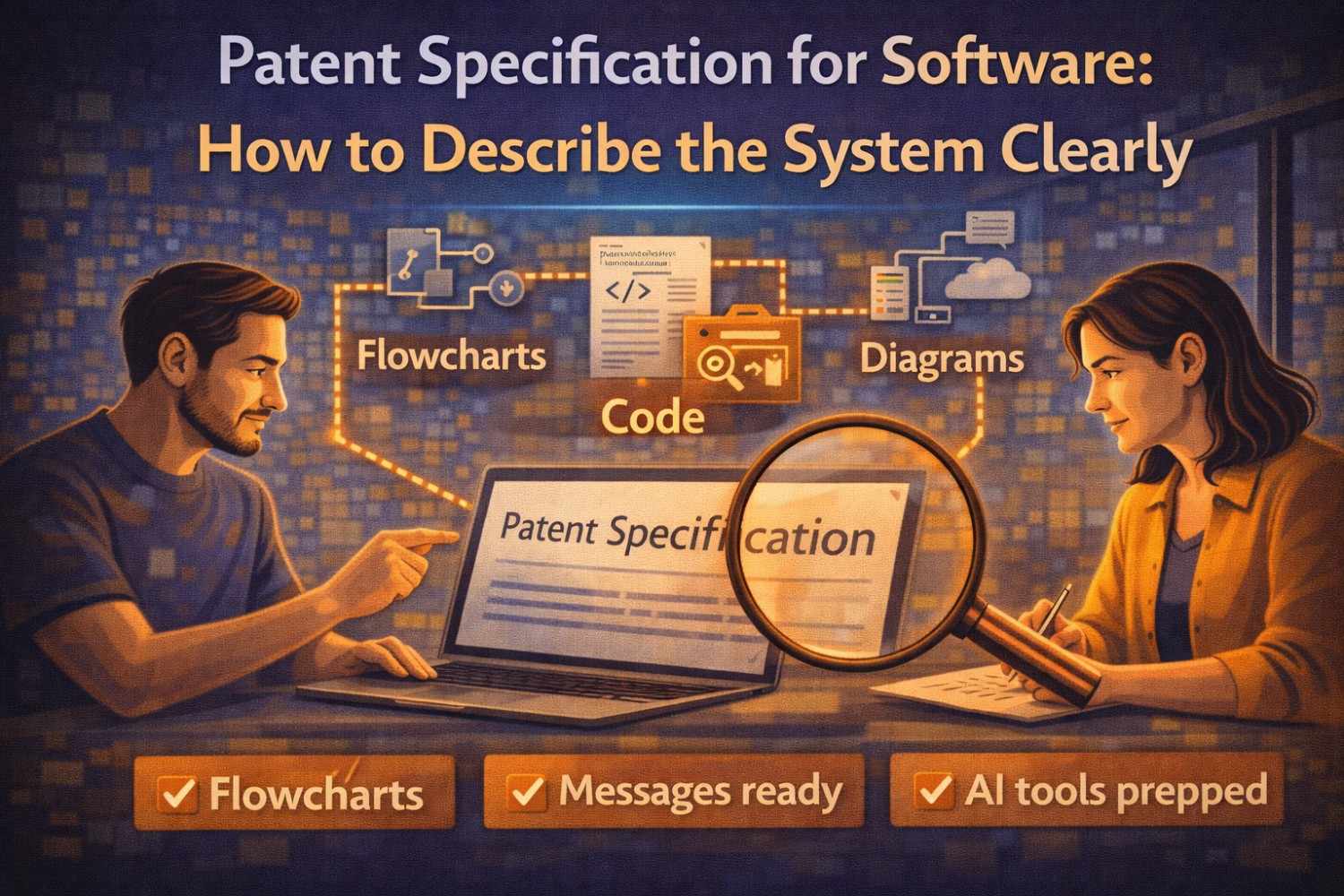 Learn how to write a software patent specification that clearly explains the system, components, and flow without vague language.