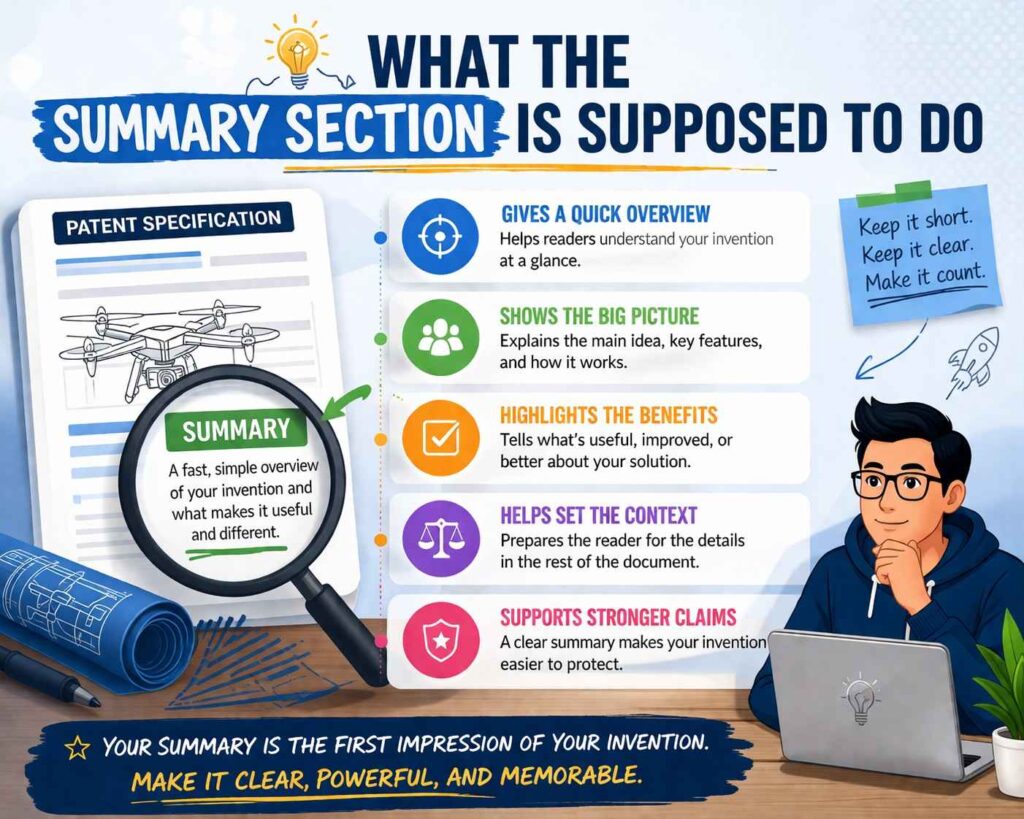 The summary section is supposed to explain the invention at a high level.