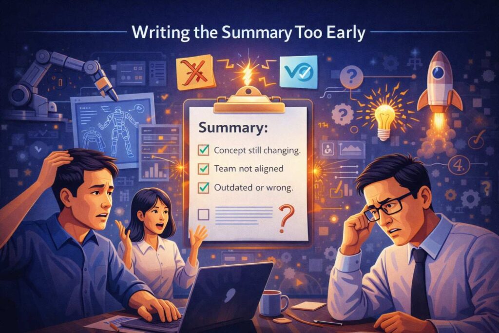 Some teams try to finalize the summary before the invention is fully mapped. 