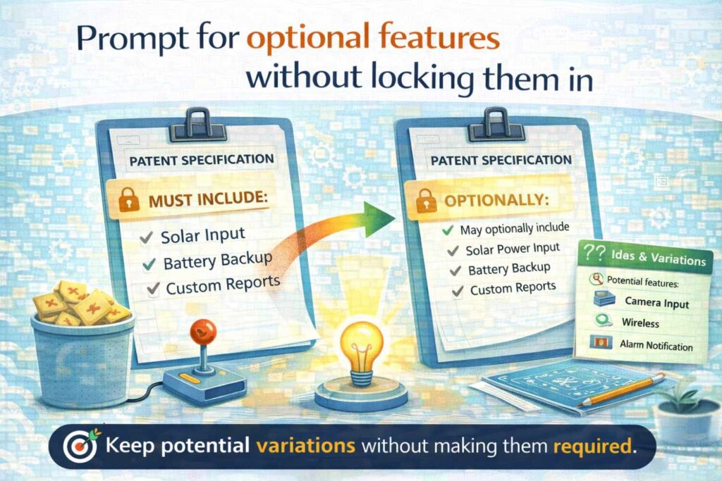 Another important skill in patent specification writing is describing useful features without making them sound mandatory when they are not.