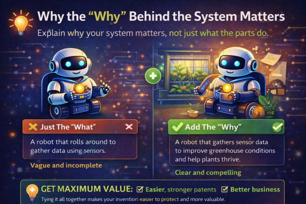 Many weak patent drafts explain what the system does but not why it was designed that way.