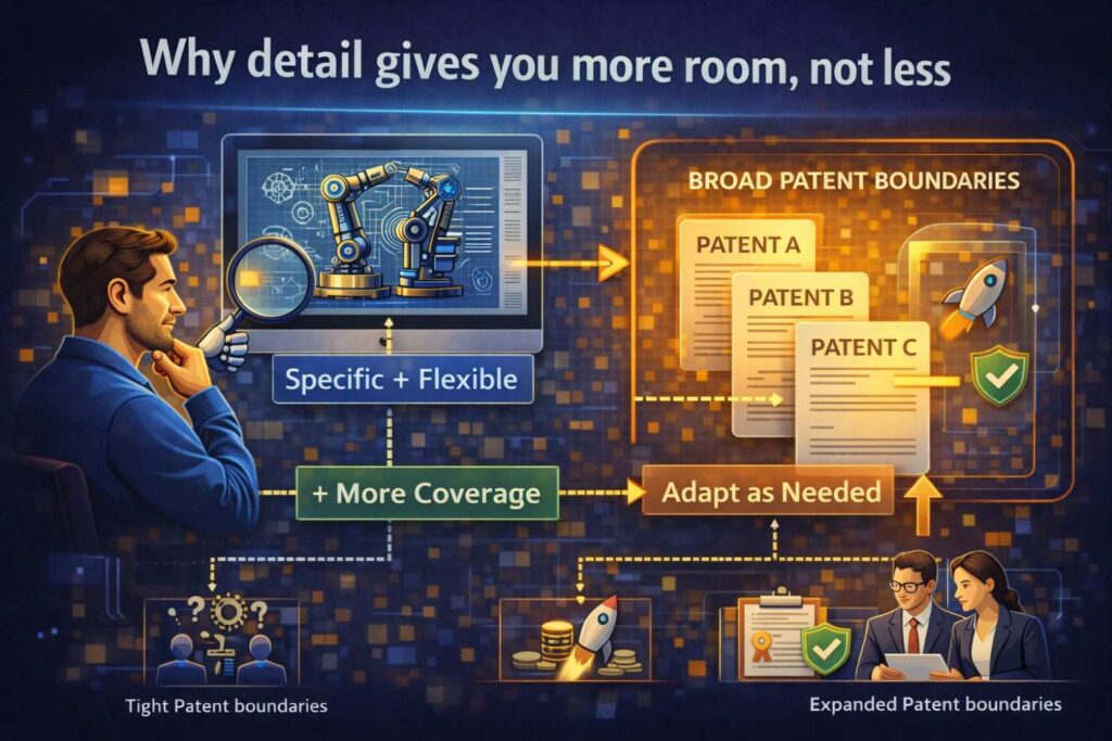 A lot of founders worry that if they include real detail, they will narrow the patent too much.