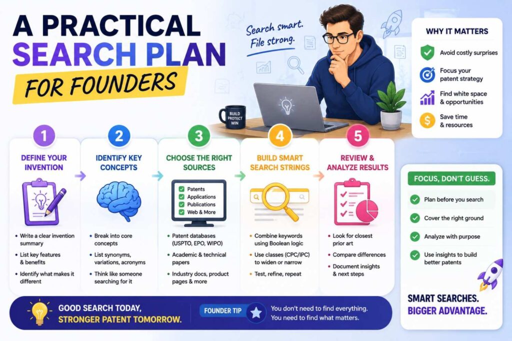 A founder can think about patent searching in stages.