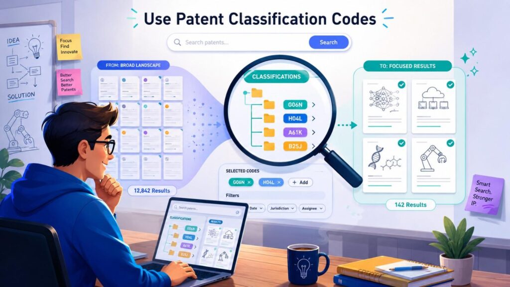 Patent classification codes group patents by technical subject.