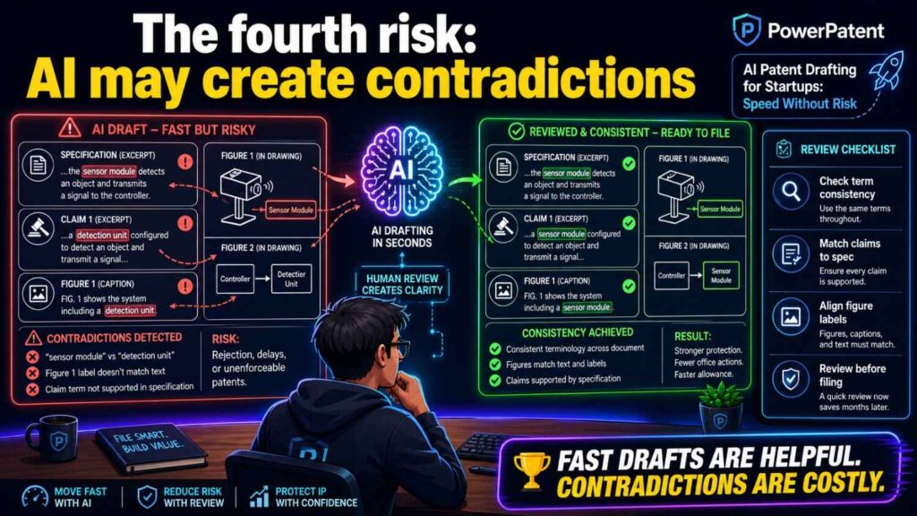 Contradictions are one of the biggest risks in AI patent drafting.