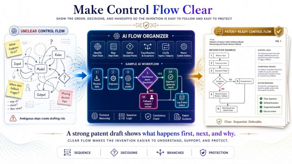 If the invention controls a device, robot, machine, network, or software process, control flow matters.