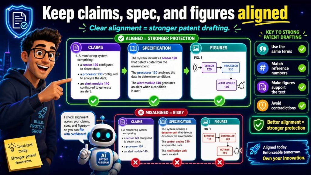 Claims, spec, and figures should tell the same invention story.