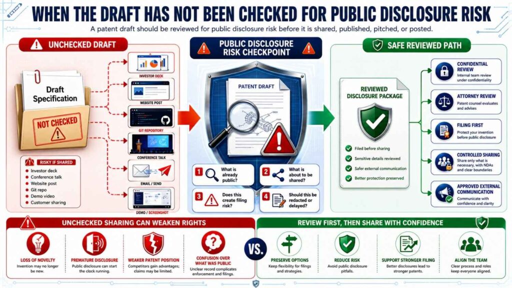 Do not use or share an AI-generated specification draft without checking disclosure risk.