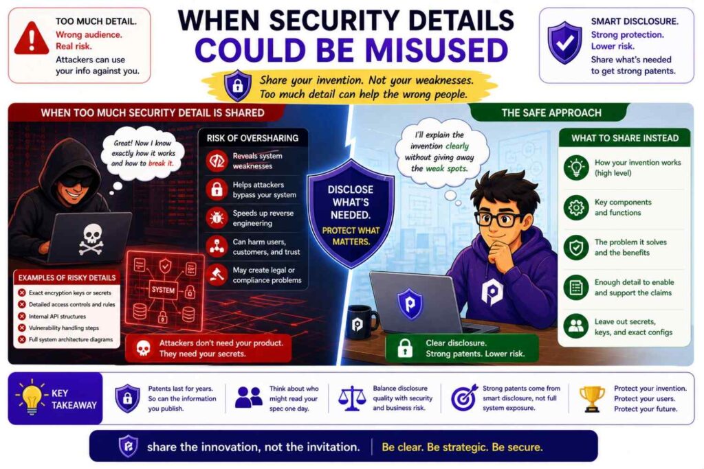 Security inventions can be patent-worthy, but they can also include details that attackers may misuse.