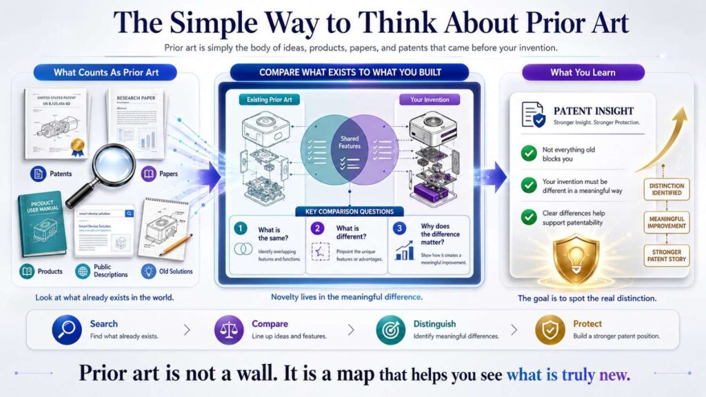 Prior art is anything public that shows the same invention, or parts of it, before you file.