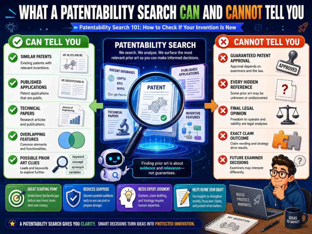 A patentability search can help you find similar inventions. It can show likely risks.