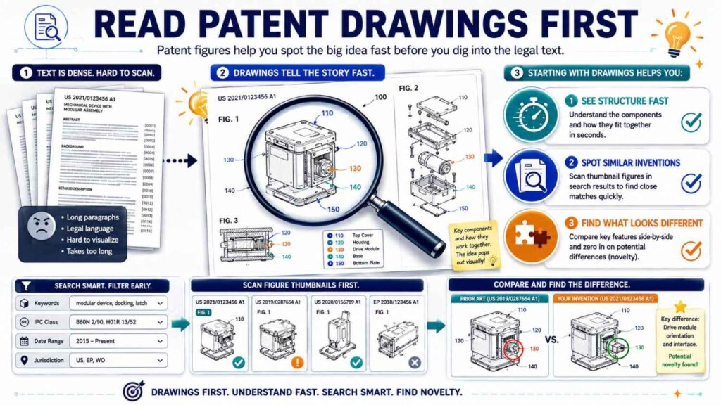 Drawings often show the system, device, method, or flow in a way that is easier to understand than the text.