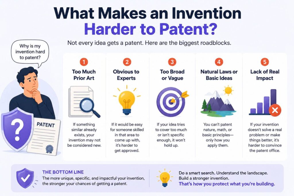 An invention may be harder to patent if it is only a business idea, a broad goal, or a normal use of known tools.