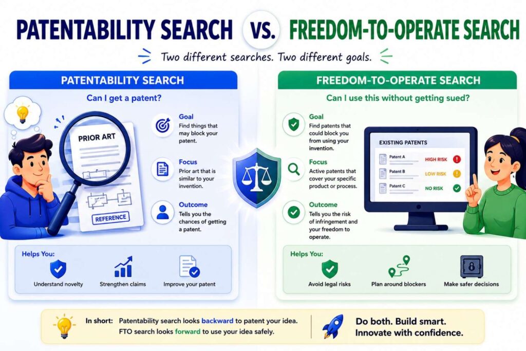 A patentability search asks, “Can we patent our invention?”