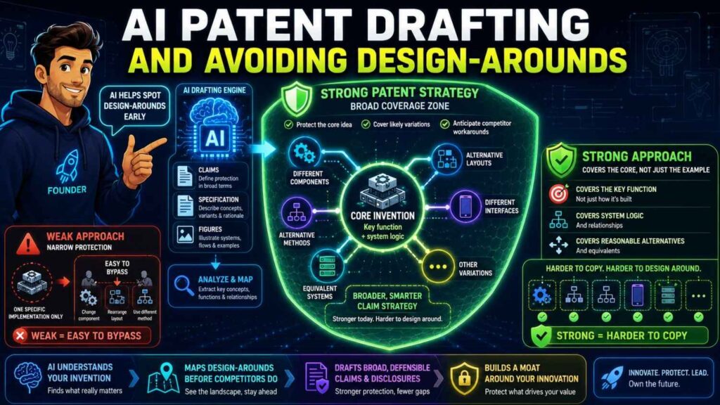 A design-around happens when a competitor avoids a patent by changing something small.