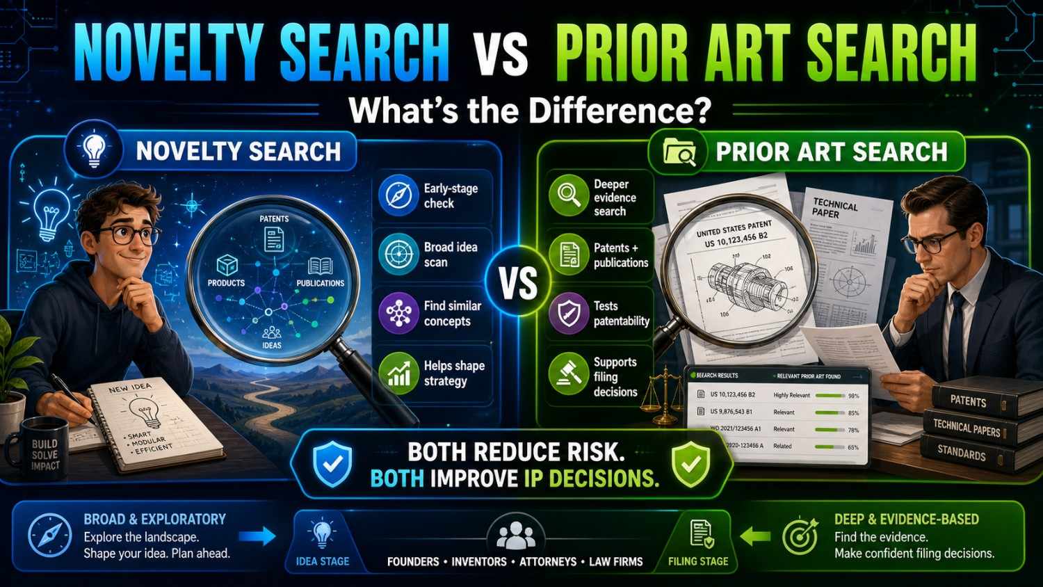 Learn the difference between a novelty search and a prior art search so you can better evaluate your invention and make smarter patent filing decisions.