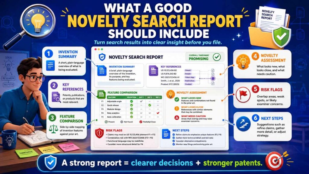 A good novelty search report should not just dump links.