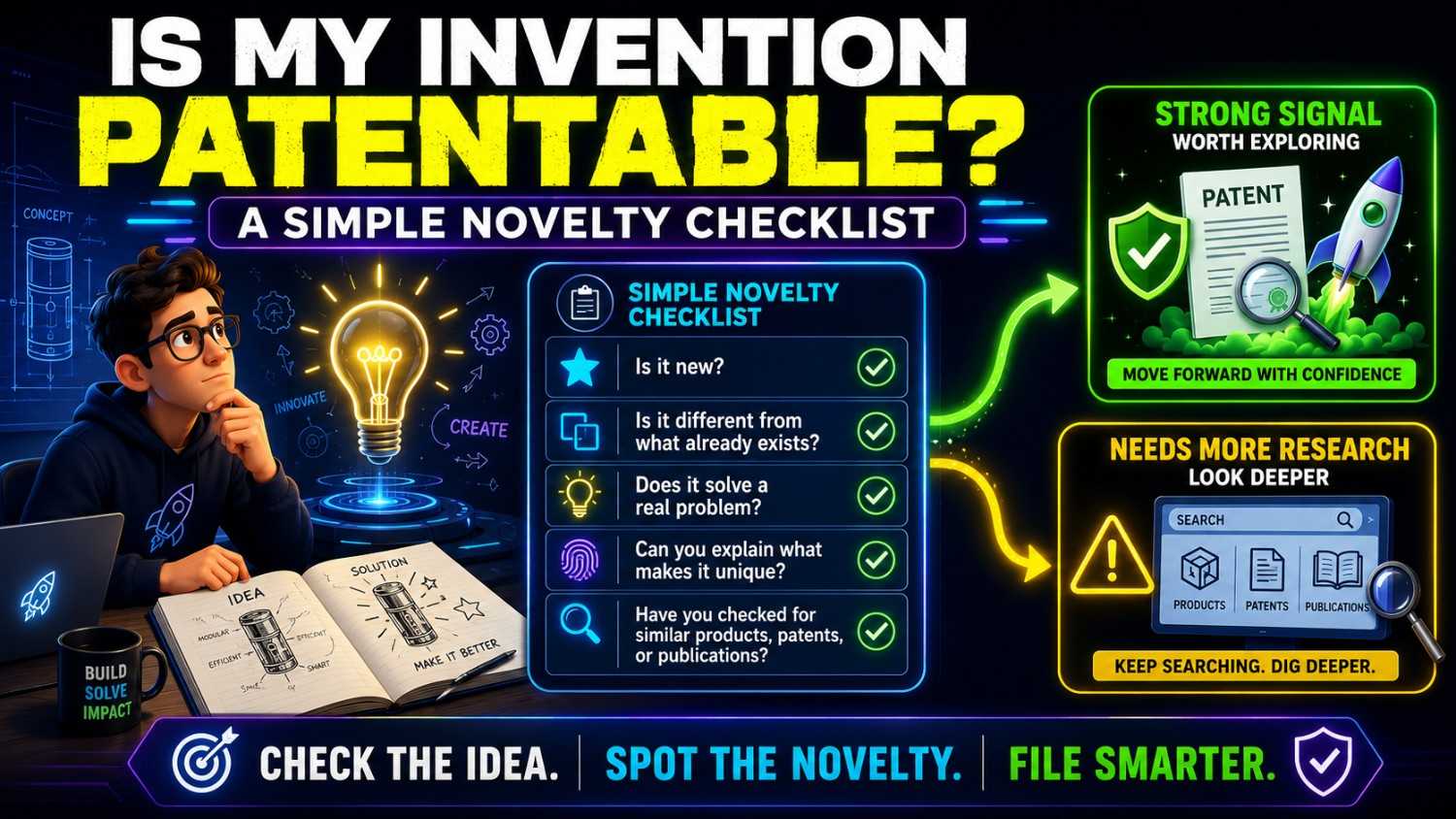 Use this simple novelty checklist to see if your invention may be patentable, spot prior art risks early, and decide your next filing step.