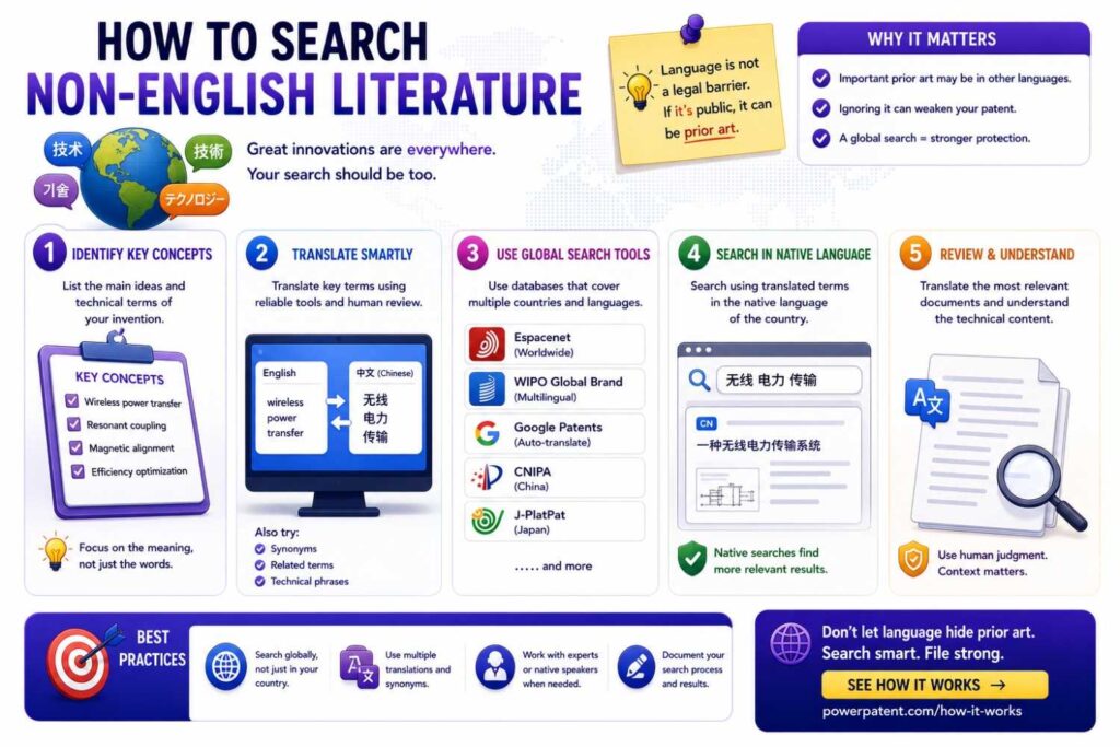 Non-English papers, manuals, standards, and websites can be prior art too.