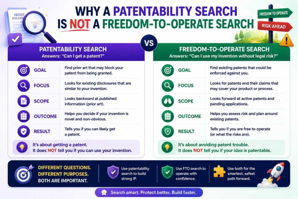 A patentability search asks whether your invention can be patented.
