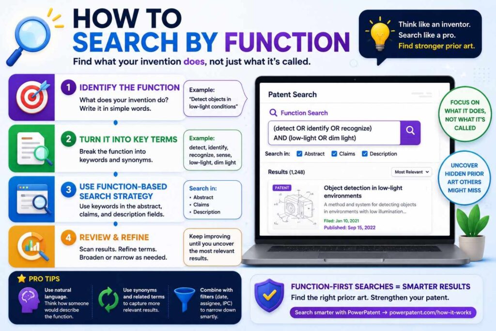 Searching by function means searching what the invention does.