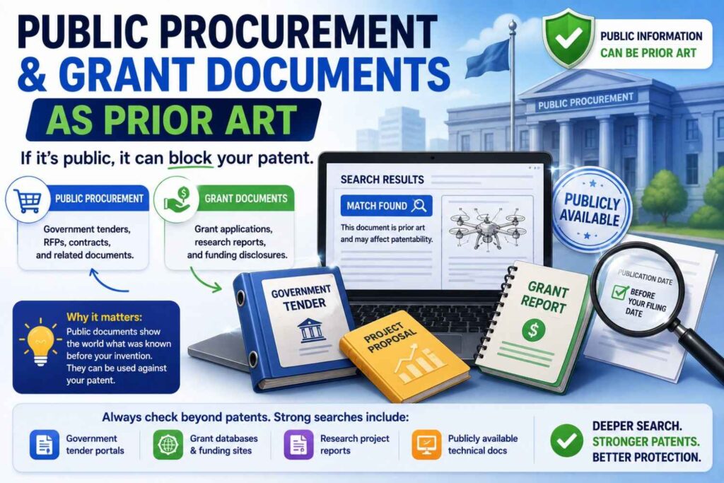 Government procurement documents, grant reports, and public project summaries can disclose technical work.