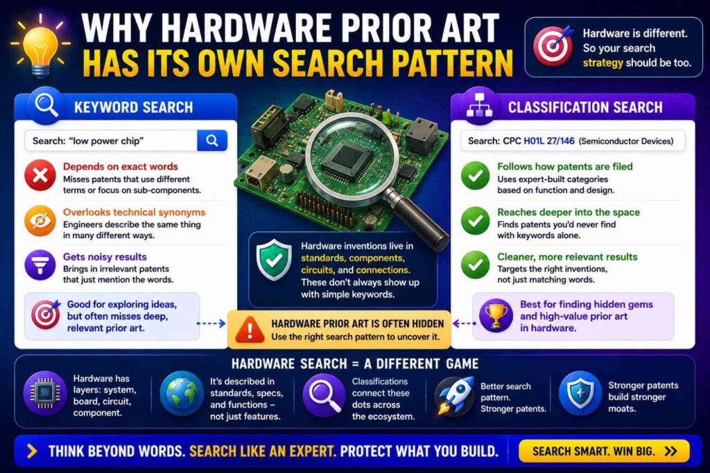Keyword search can help, but drawings may reveal close art that words do not.