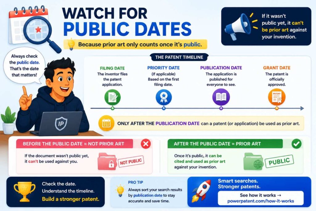 When you search, note the filing date, publication date, and priority date of close patent records.